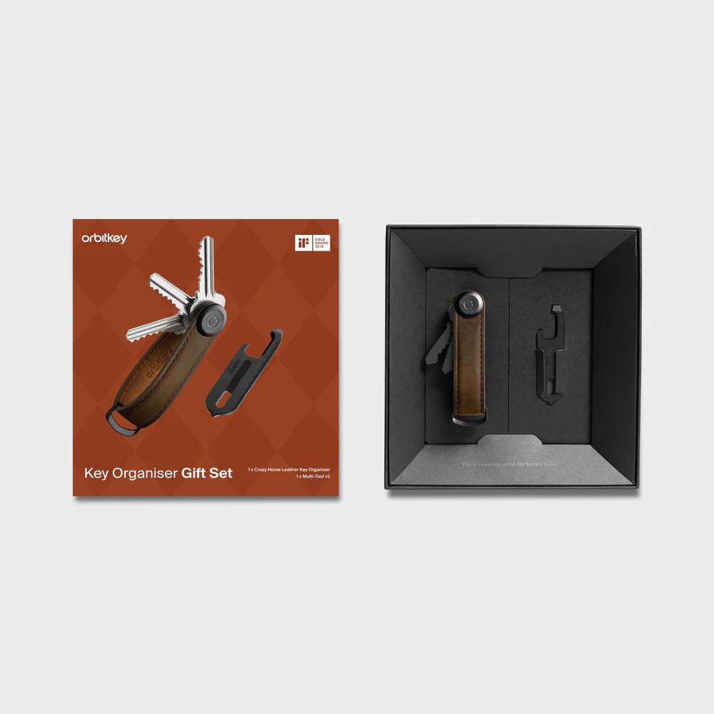 ORBITKEY - KEY ORGANISER CRAZY HORSE + MULTI-TOOL V2 SET | OAK BROWN