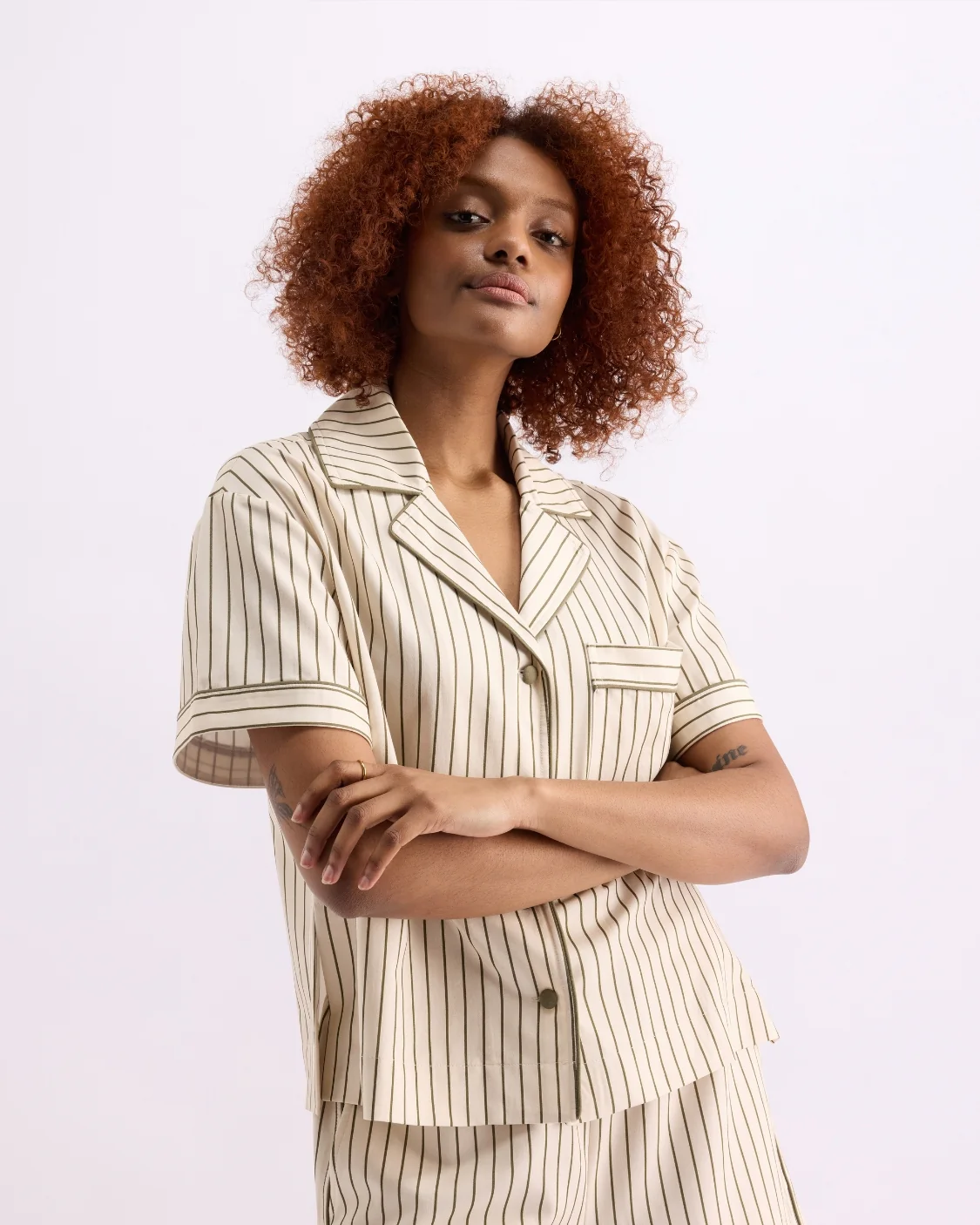 HOMMEY -  SHORT SLEEVE SLEEP SHIRT | MATCHA STRIPES | MEDIUM