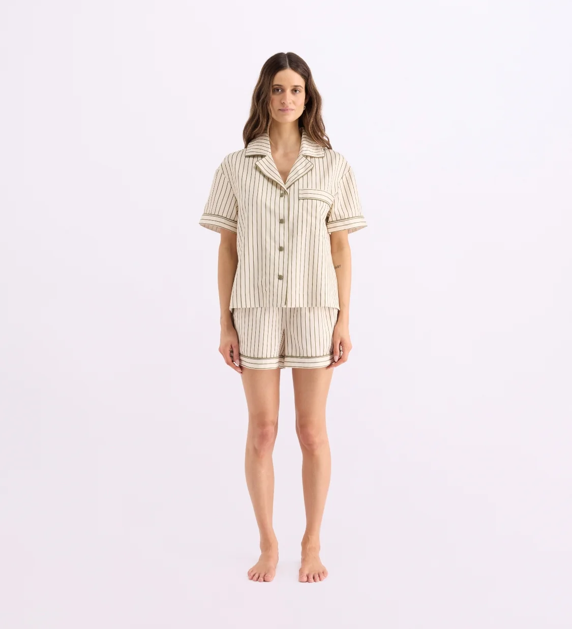 HOMMEY - SHORT SLEEVE SLEEP SHIRT | MATCHA STRIPES |  LARGE