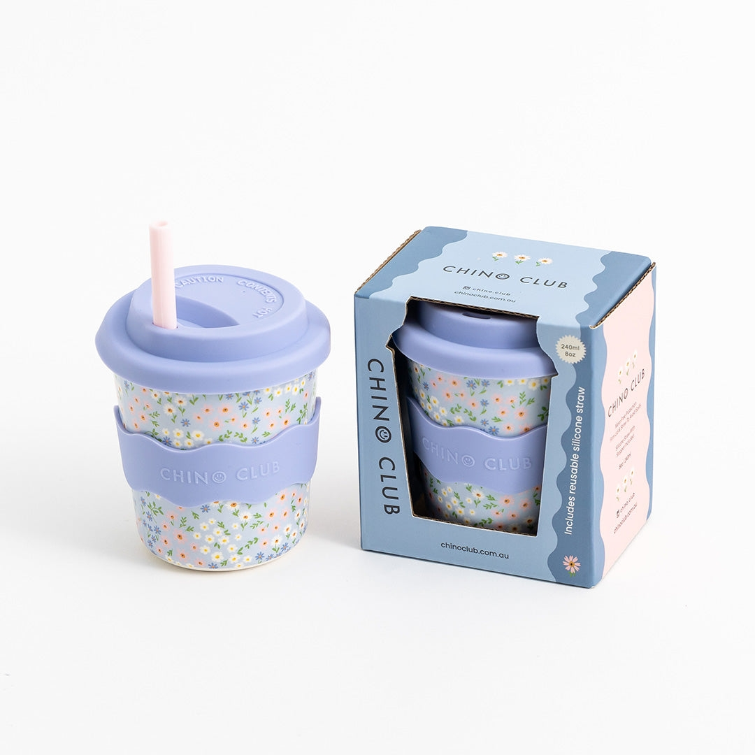 CHINO CLUB - BAMBOO BABY CHINO CUP | 8 OZ | BLUE FLORAL (INCL. STRAW)