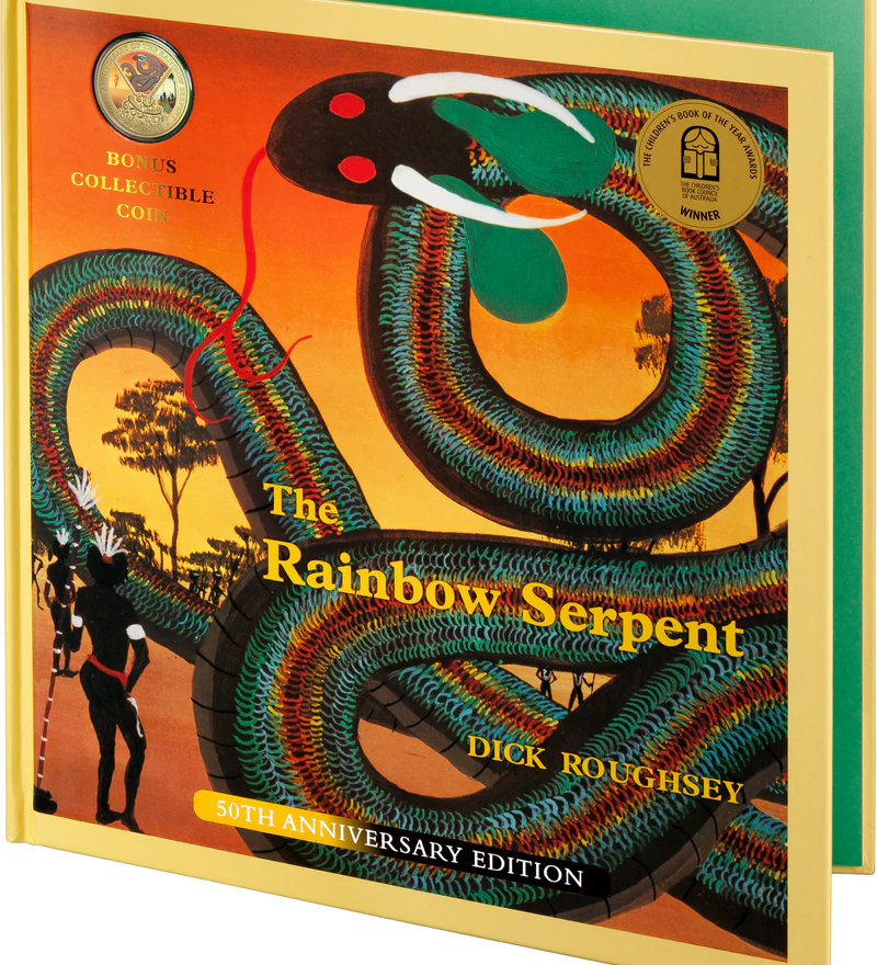 ROYAL AUSTRALIAN MINT -  2025 20 CENT GOLD PLATED COLOURED UNCIRC COIN  | DELUXE BOOK EDITION | 50TH ANNIVERSARY OF THE RAINBOW SERPENT
