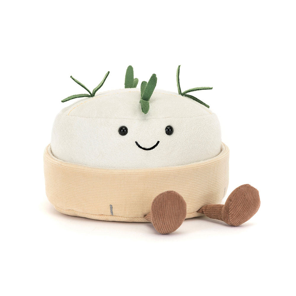 Jellycat Amuseables Camembert, smiling cream cheese plush in a cord container