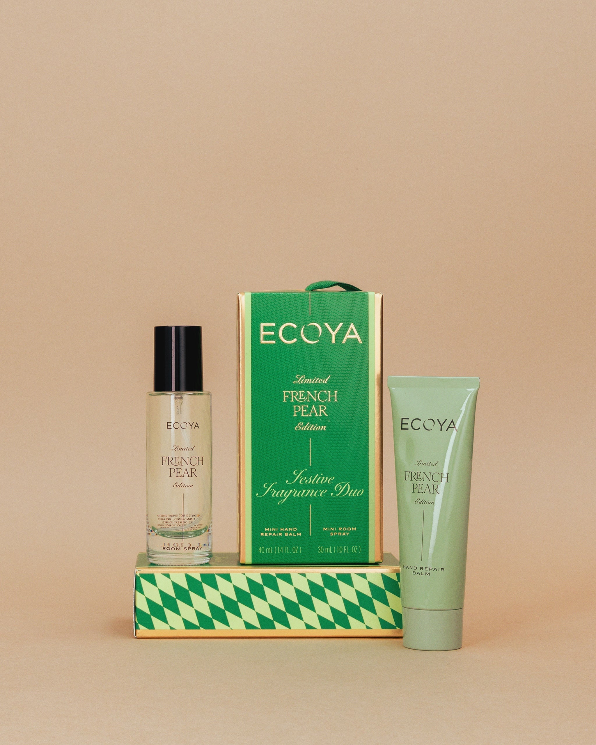 ECOYA French Pear Festive Fragrance Duo in festive packaging