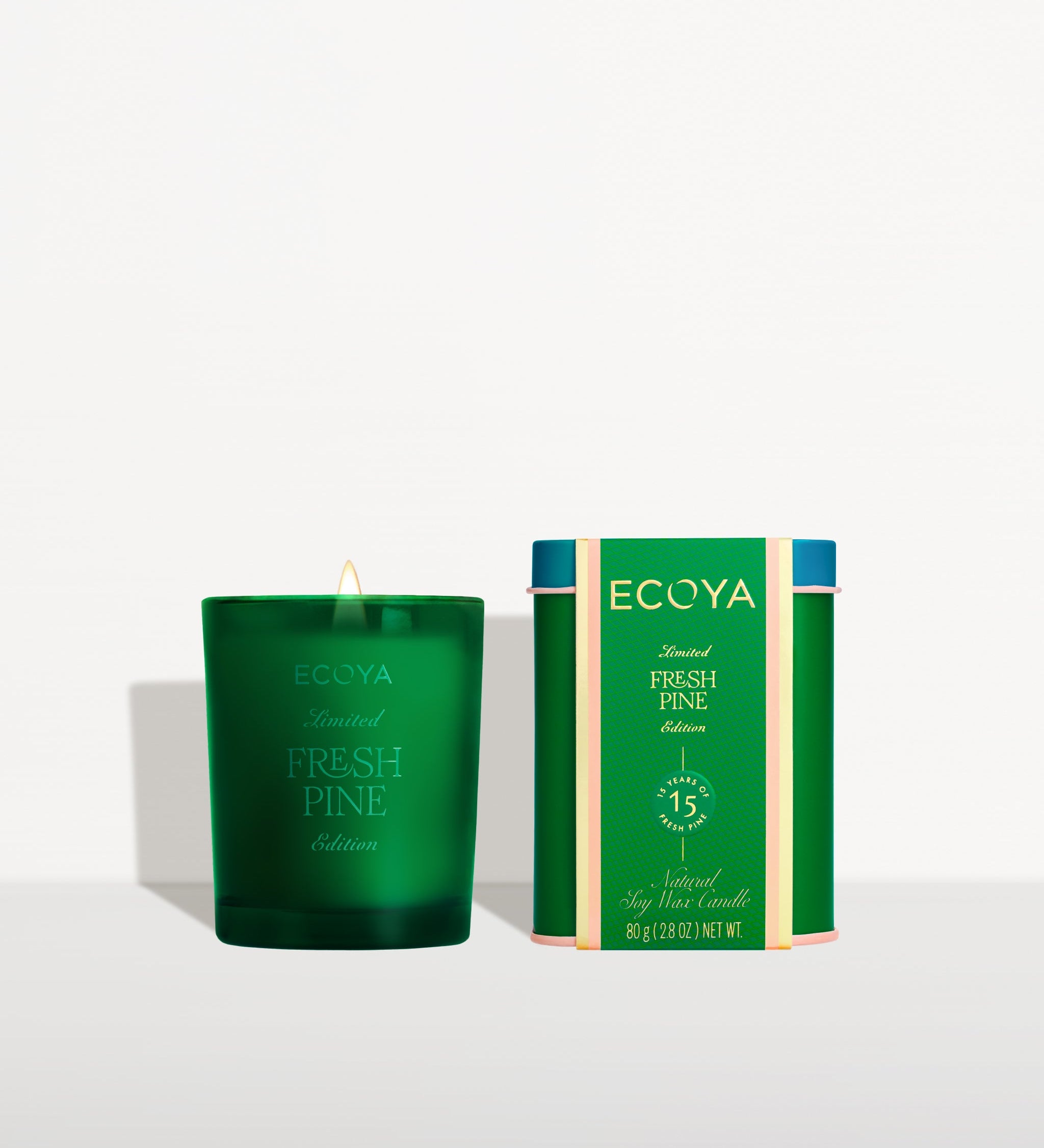 ECOYA Fresh Pine Mini Madison Candle 80g with festive tin packaging