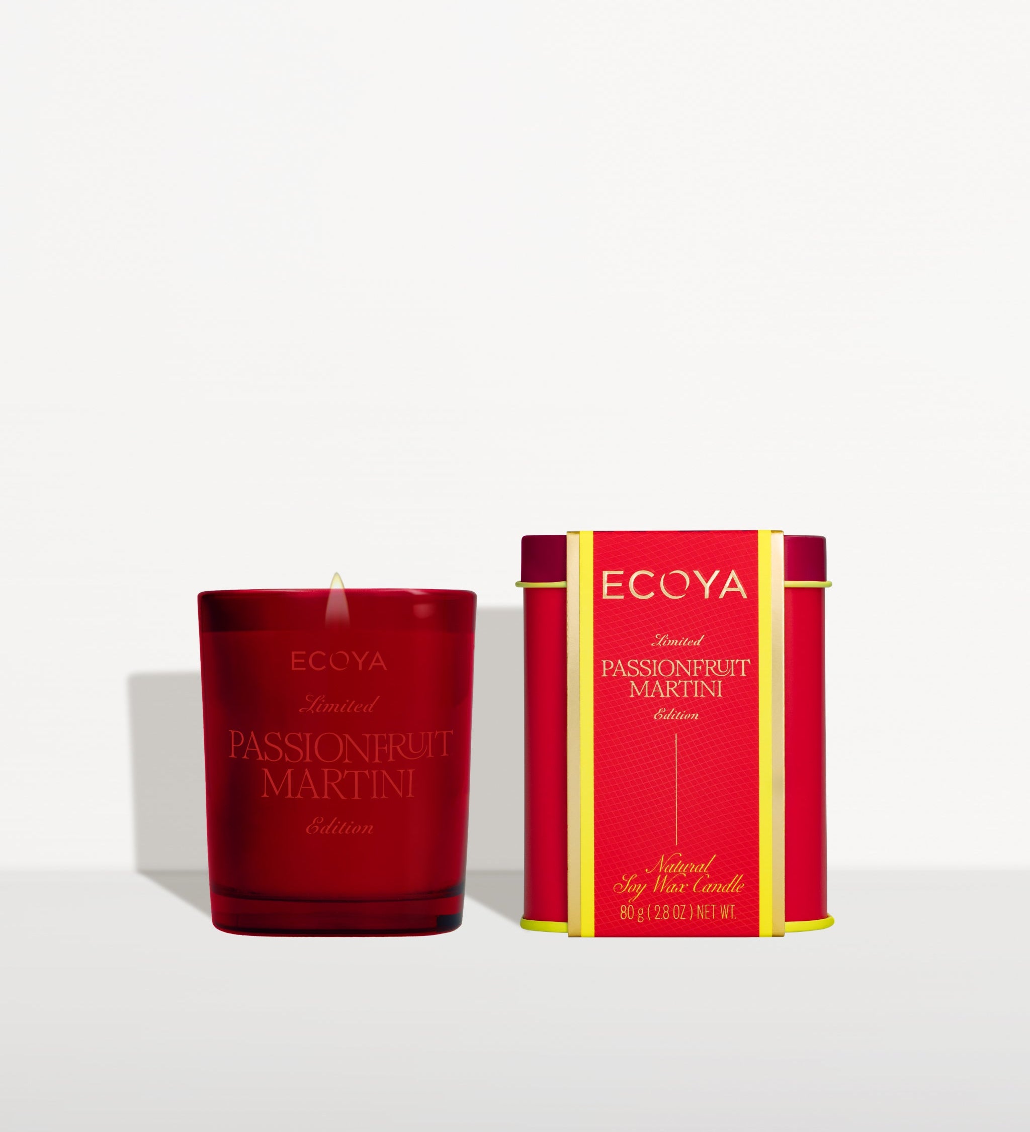 ECOYA Passionfruit Martini Mini Madison Candle 80g with festive tin packaging