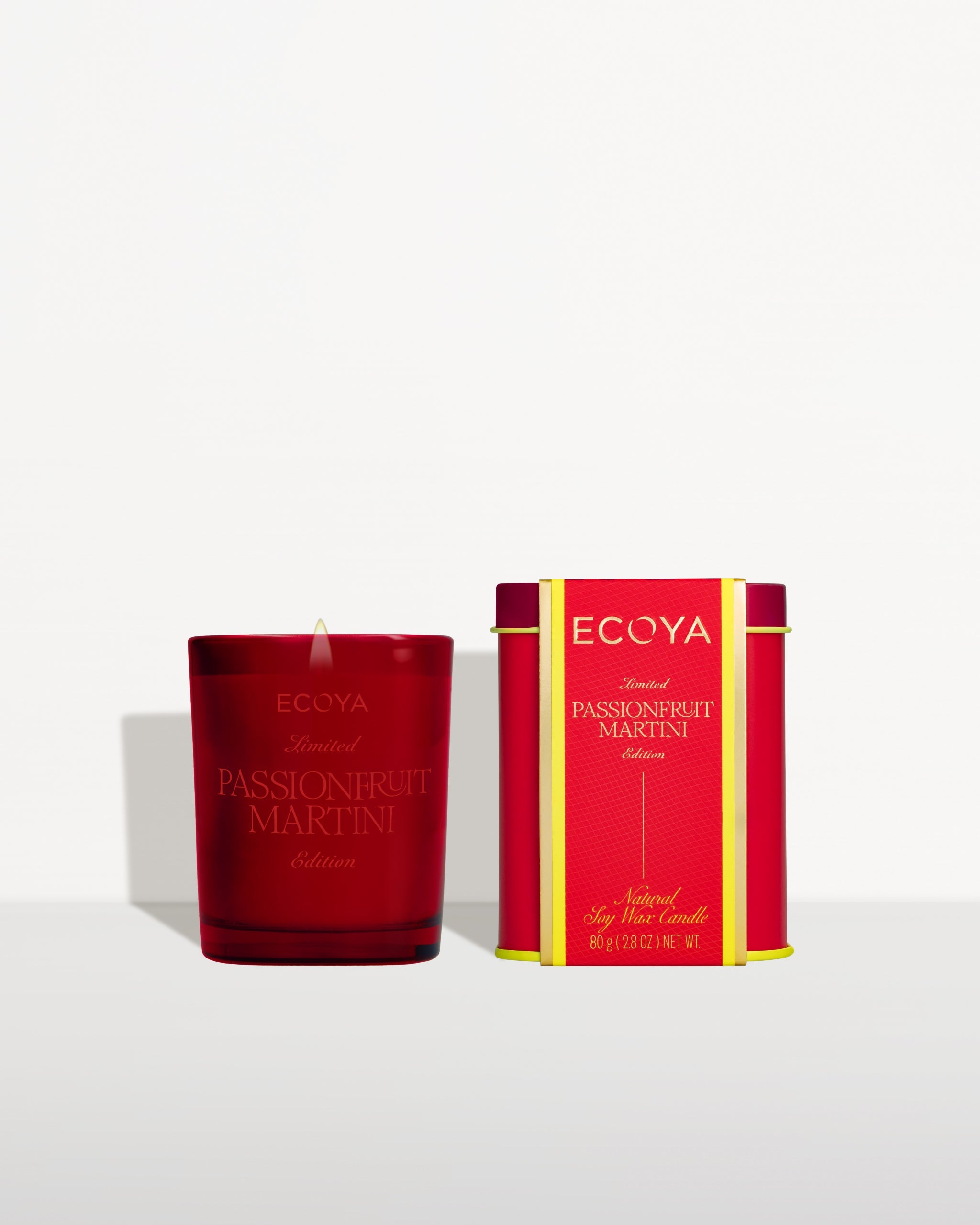 ECOYA Passionfruit Martini Mini Madison Candle 80g with festive tin packaging