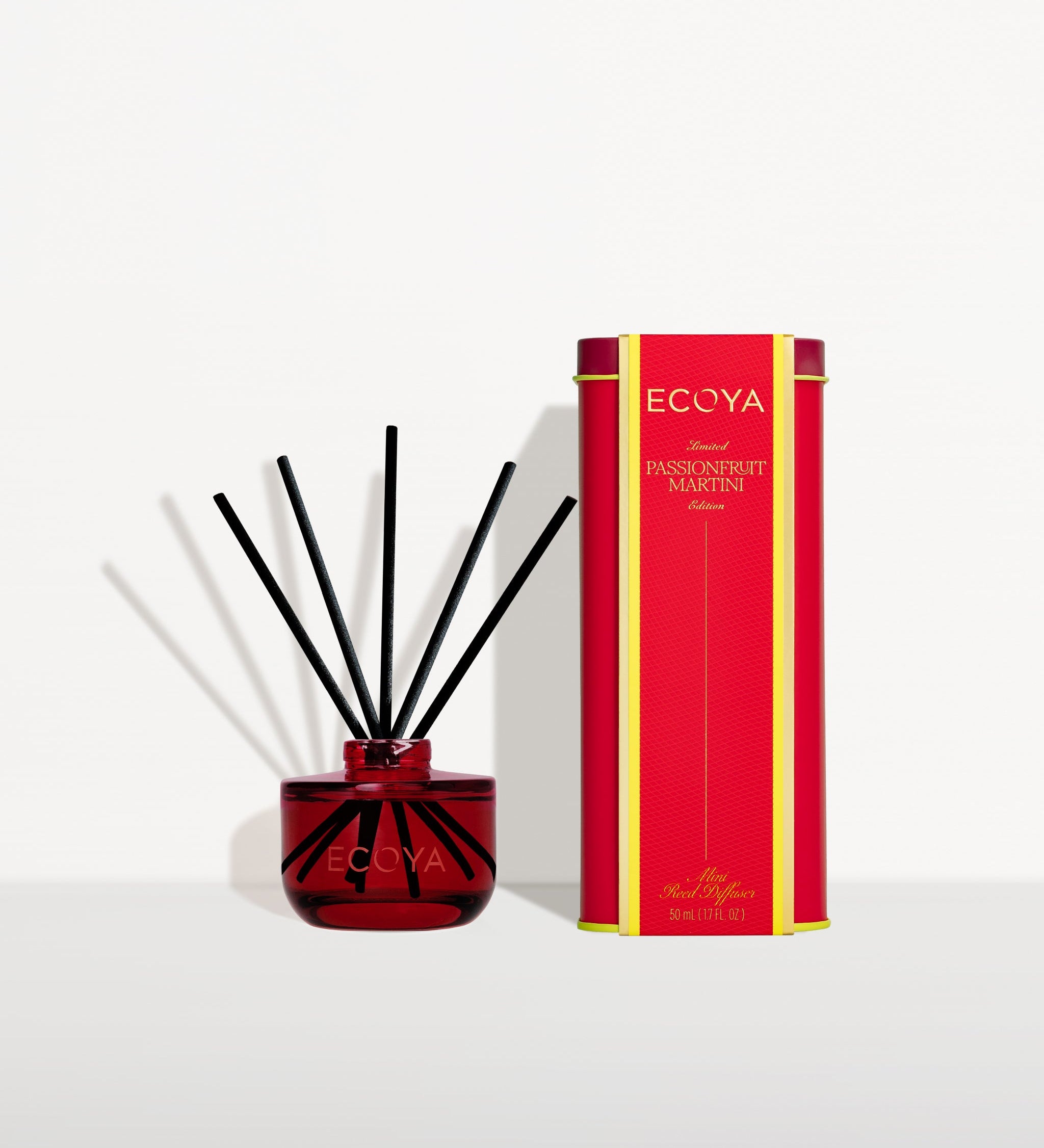 ECOYA Passionfruit Martini Mini Reed Diffuser 50ml with festive tin packaging