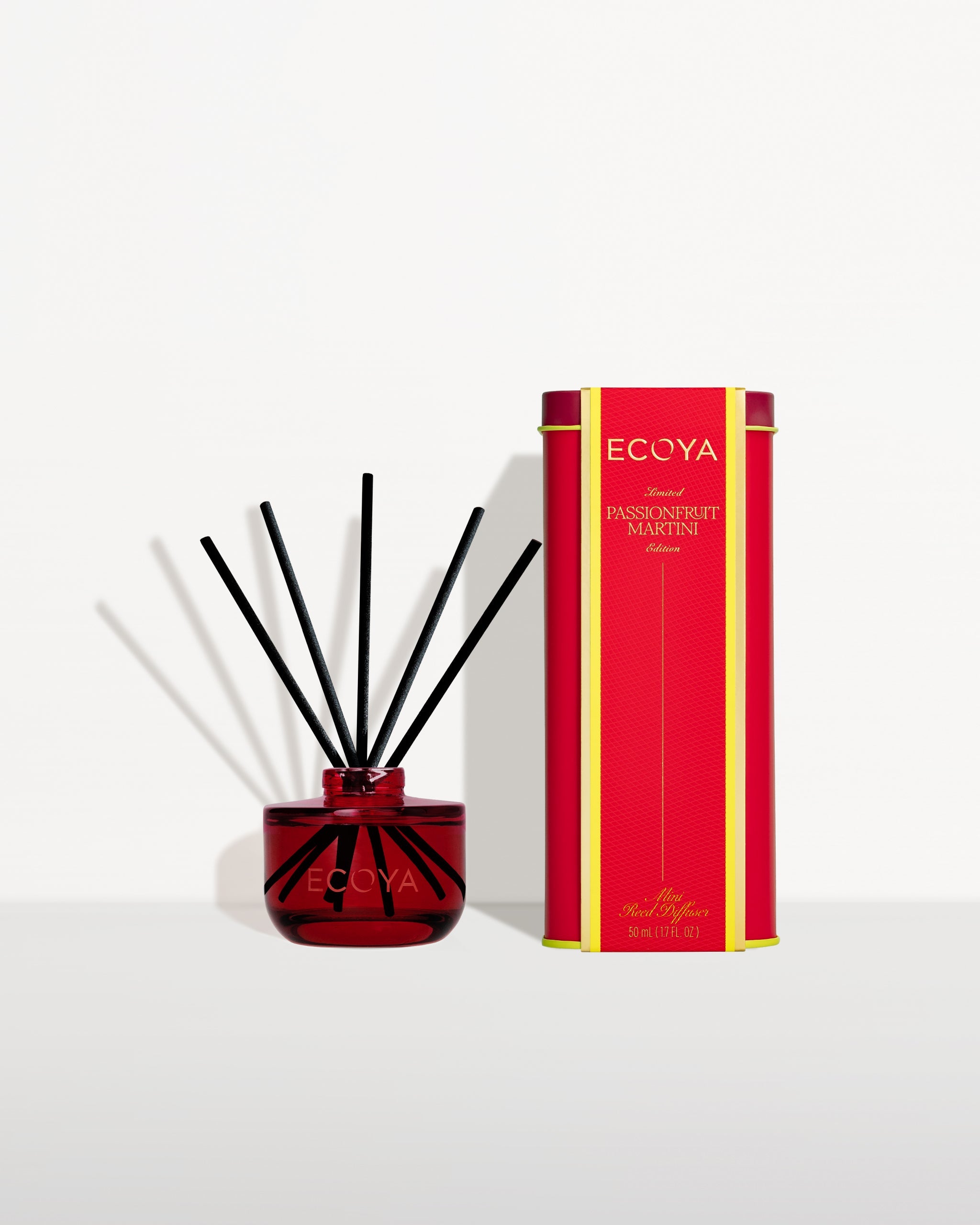 ECOYA Passionfruit Martini Mini Reed Diffuser 50ml with festive tin packaging