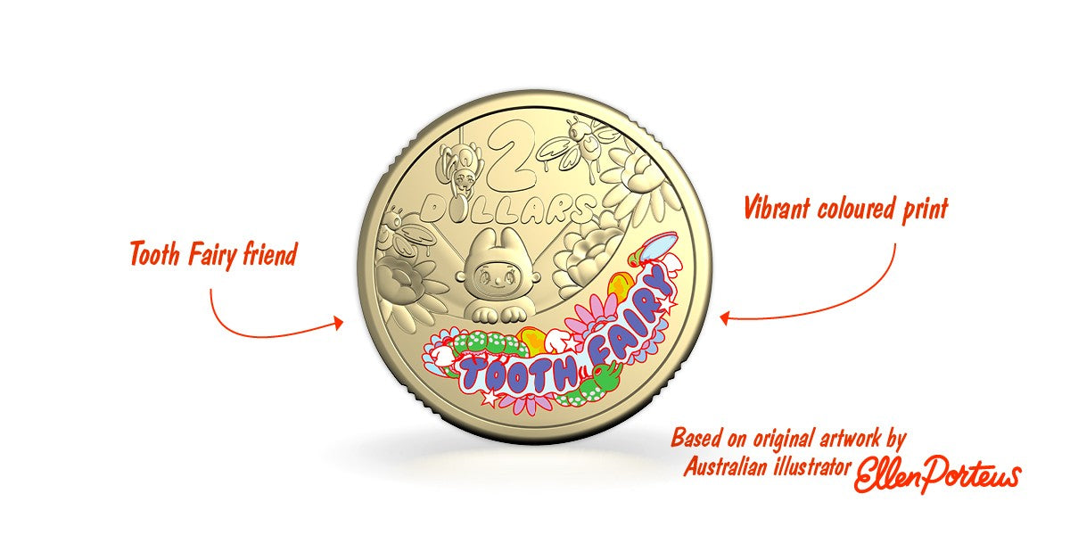 Royal Australian Mint 2026 $2 coloured Tooth Fairy coin, based on original artwork by Ellen Porteus
